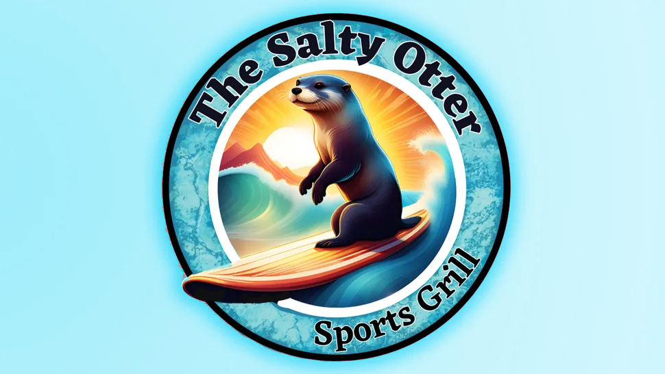 First version of the Salty Otter sports grill logo. An otter stands on a surfboard with waves and a sunny sky behind it. The colors are oversaturated, a tell-tale sign of AI use.